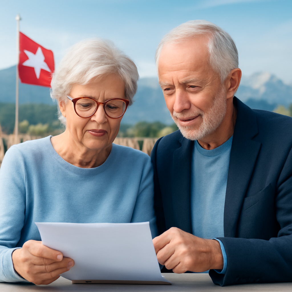Two pensioners reviewing documents together in a Swiss setting